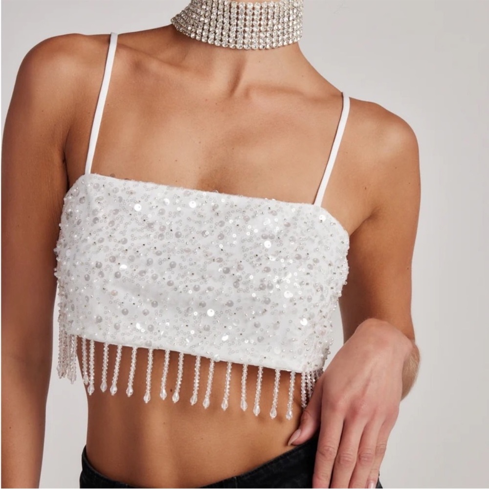 12th Tribe Affair White Sequin Fringe Top - S - NWT